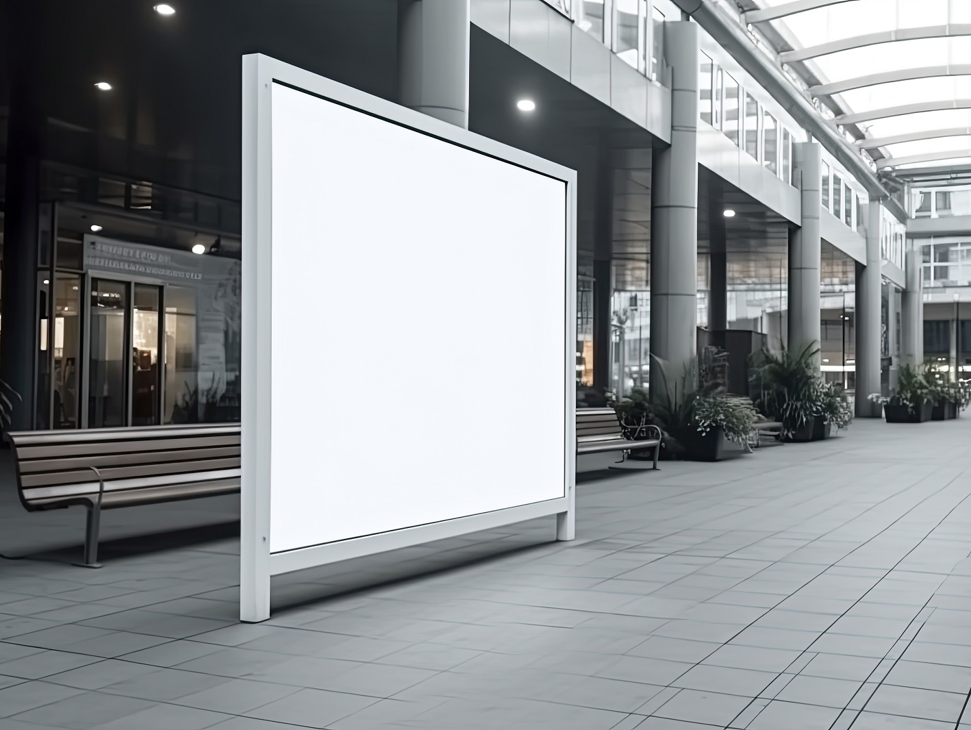 public shopping center mall or business center advertisement board space as empty blank white mockup signboard.Generative AI